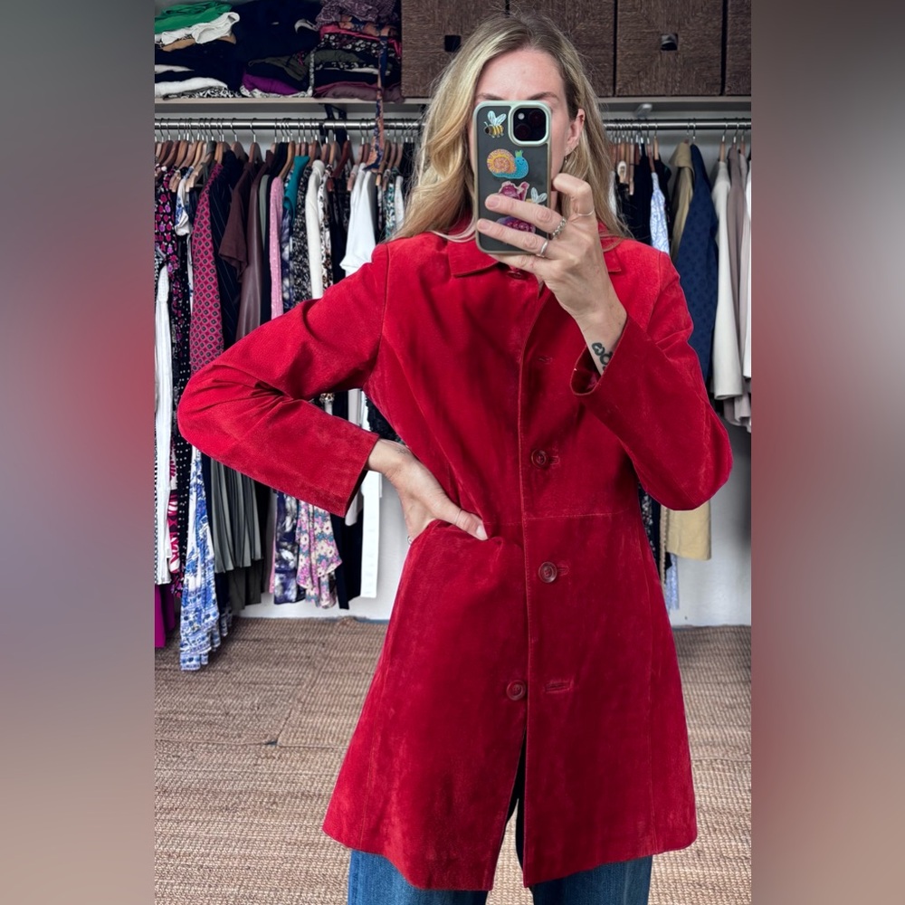 Vintage Cherokee 100% Suede Leather Red Collared Long Sleeve Button Jacket Coat - Picture 3 of 14